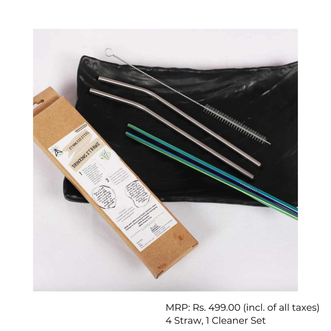 Straight + Bent Stainless Steel Straws With Straw Cleaner | Eco-Friendly | Combo