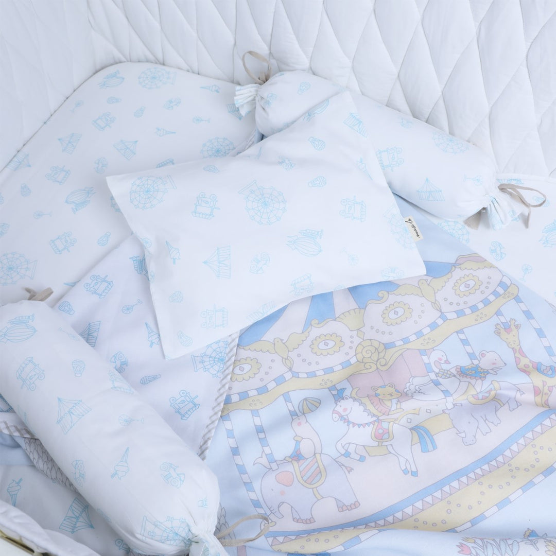 Printed Mini Cot Bedding Set For Babies | Cotton | Blue | Set Of 4