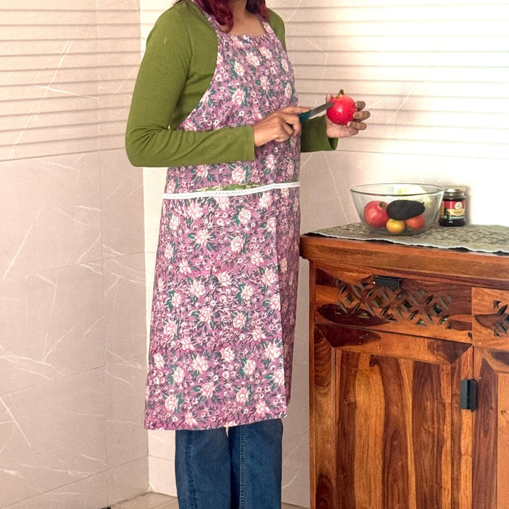 PurpleSanganeri Hand Block Printed Apron with Front Pockets | Cotton
