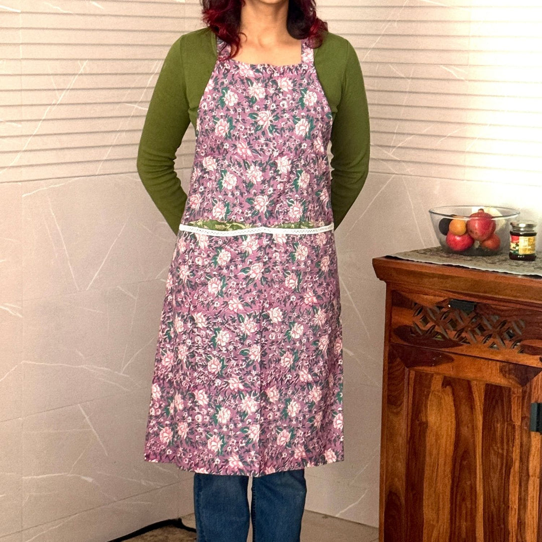 PurpleSanganeri Hand Block Printed Apron with Front Pockets | Cotton
