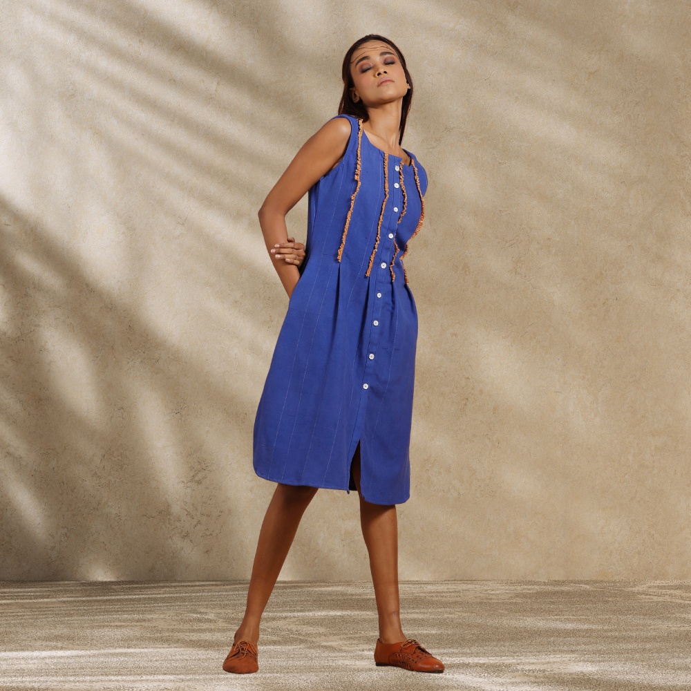 Relaxed Indigo Dye Blue Dress | Women Smart Wear | Breathable Cotton