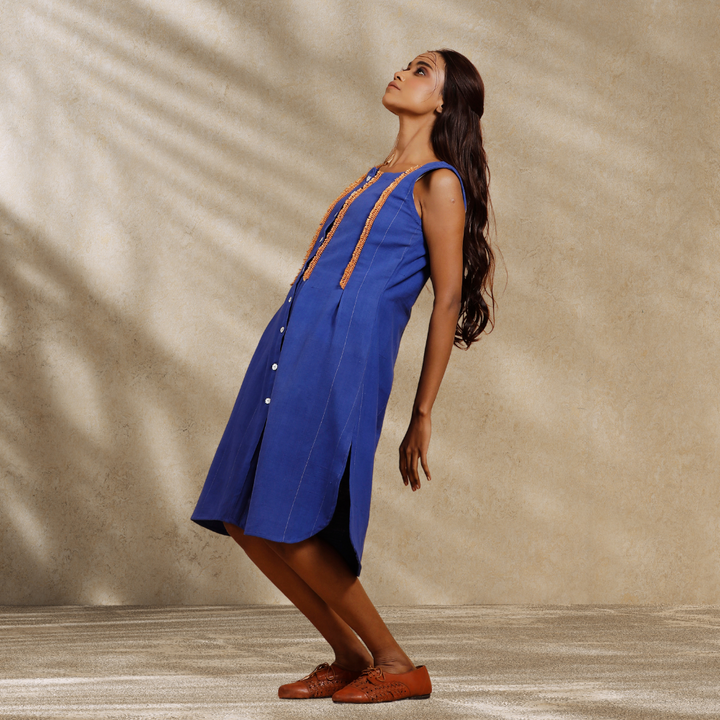 Relaxed Indigo Dye Blue Dress | Women Smart Wear | Breathable Cotton