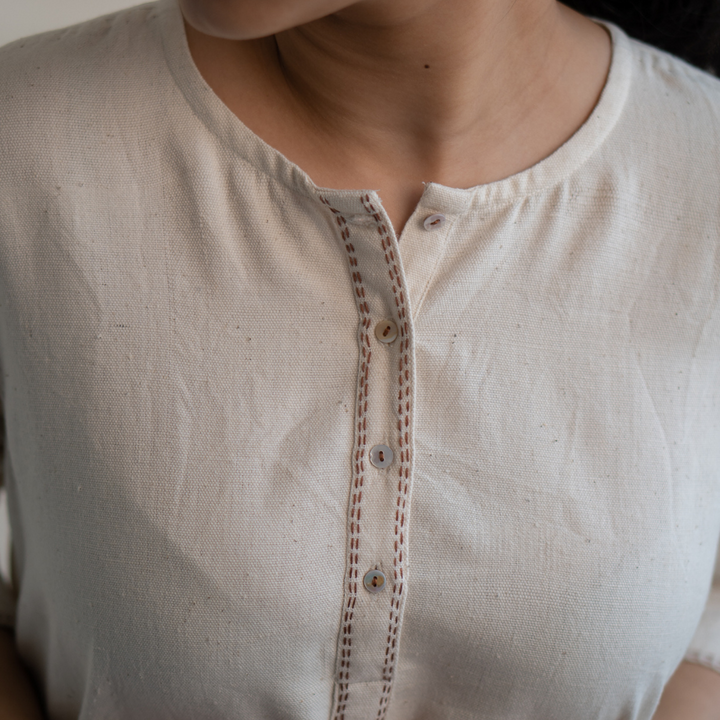 Relaxed Tunic Top in Ivory Tone | Versatile | Detailed in Kantha