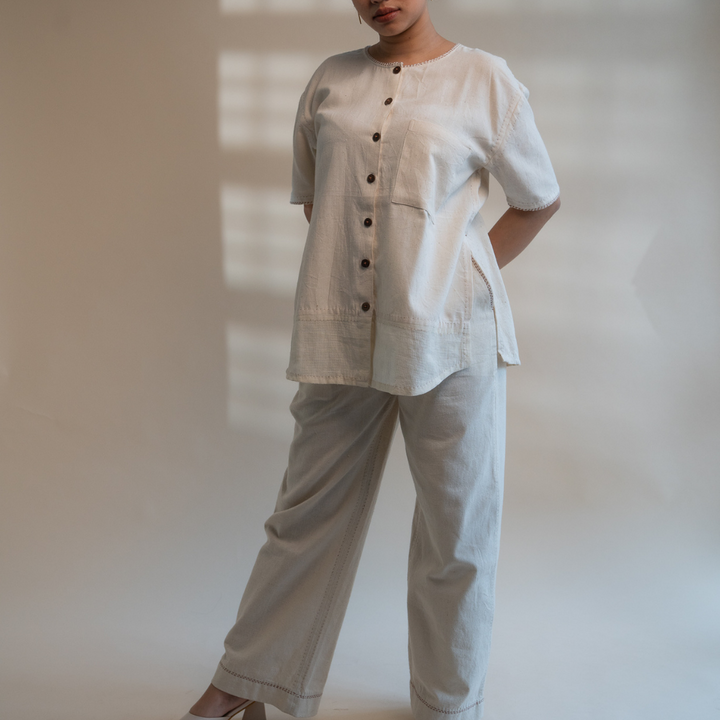 Relaxed Tunic Top in Ivory Tone | Versatile | Detailed in Kantha