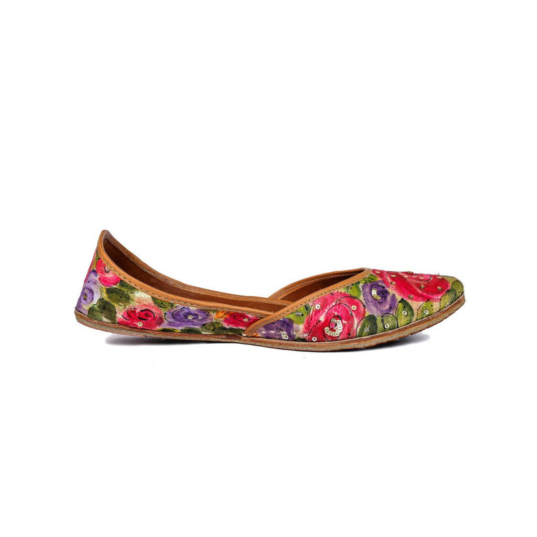 Rose Hand-Painted Raw Silk Women Jutti | Hand Embroidered | Rose Pink