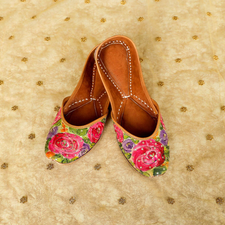 Rose Hand-Painted Raw Silk Women Jutti | Hand Embroidered | Rose Pink