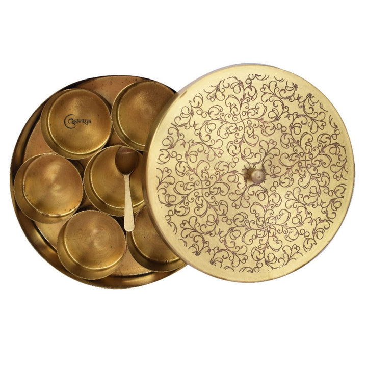 Round Kitchen Spice Box / Masaledani | Brass | Intricate Pattern | 7 Inches