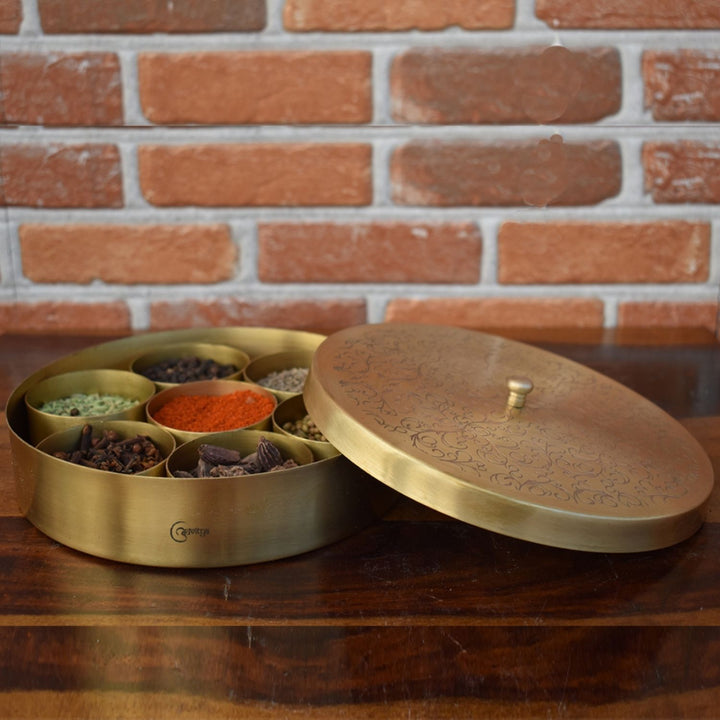 Round Kitchen Spice Box / Masaledani | Brass | Intricate Pattern | 8 Inches