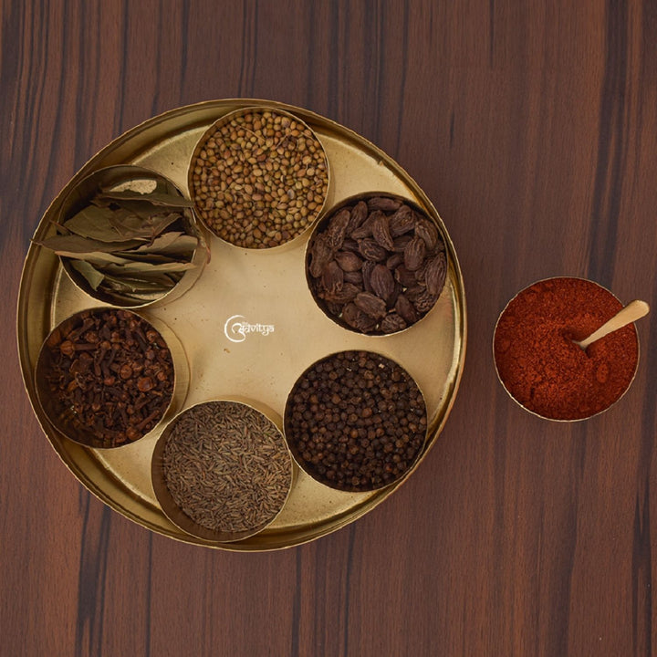 Round Kitchen Spice Box / Masaledani | Brass | Intricate Pattern | 8 Inches