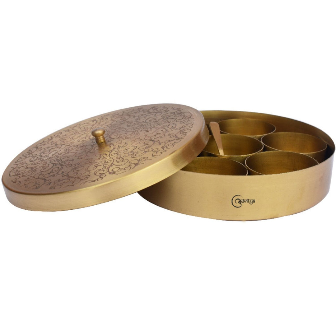 Round Kitchen Spice Box / Masaledani | Brass | Intricate Pattern | 8 Inches