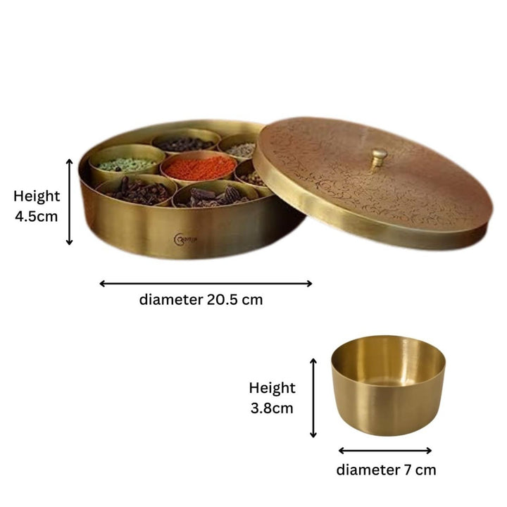 Round Kitchen Spice Box / Masaledani | Brass | Intricate Pattern | 8 Inches