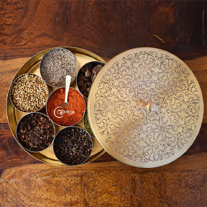 Round Kitchen Spice Box / Masaledani | Brass | Intricate Pattern | 8 Inches