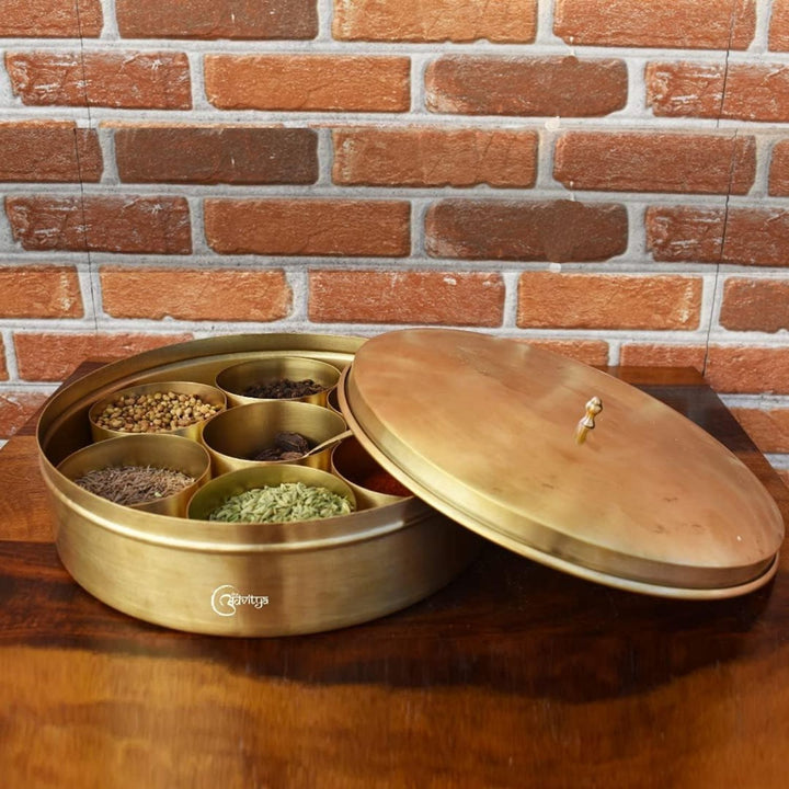 Round Plain Kitchen Spice Box / Masaledani | Brass | Hand-Crafted