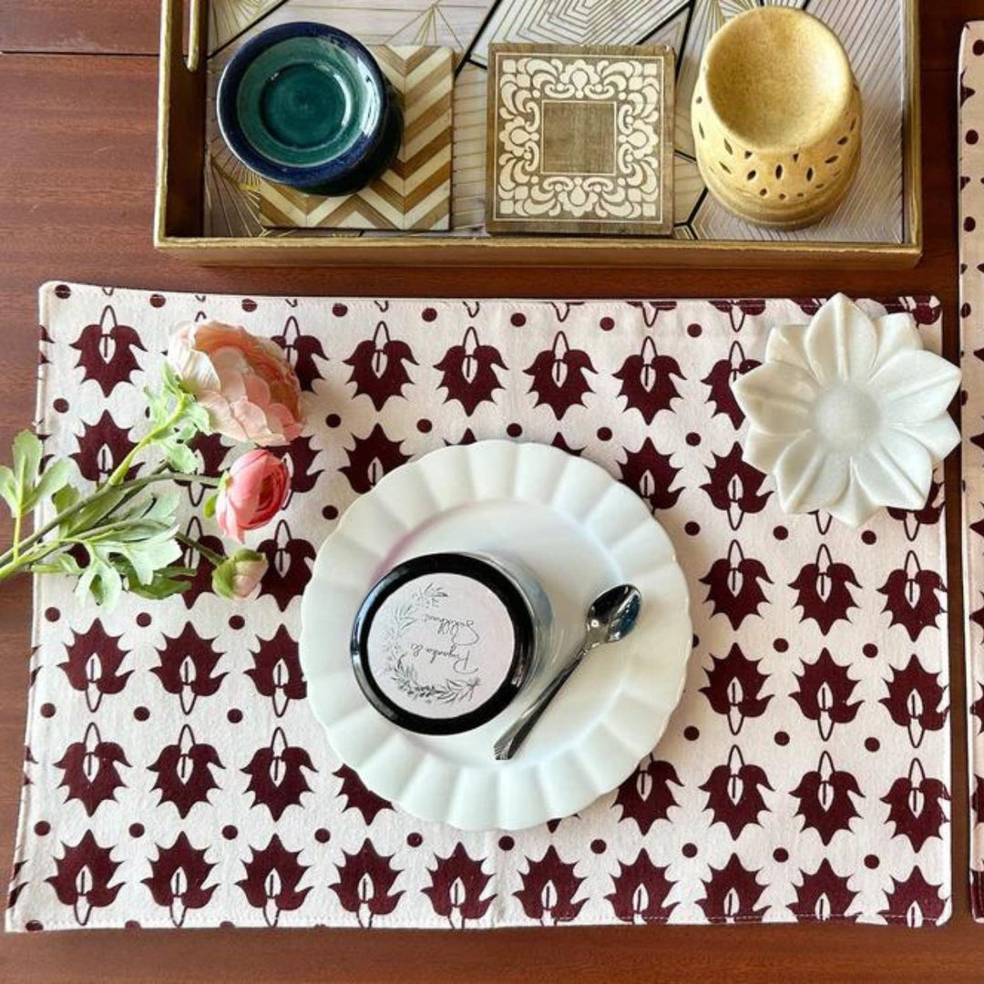 Rustic Motif Table Placemats | Intricate Pattern | Red And White | 12x18 Inches