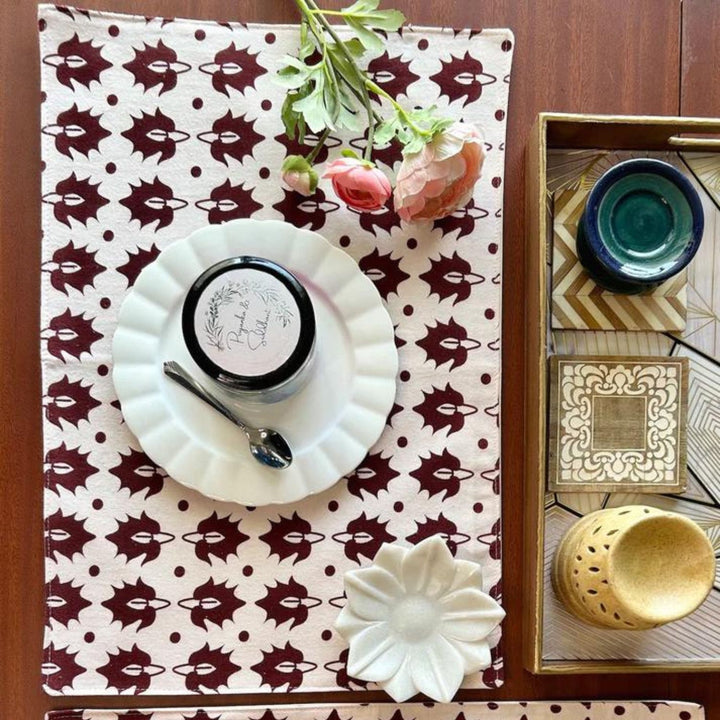 Rustic Motif Table Placemats | Intricate Pattern | Red And White | 12x18 Inches 