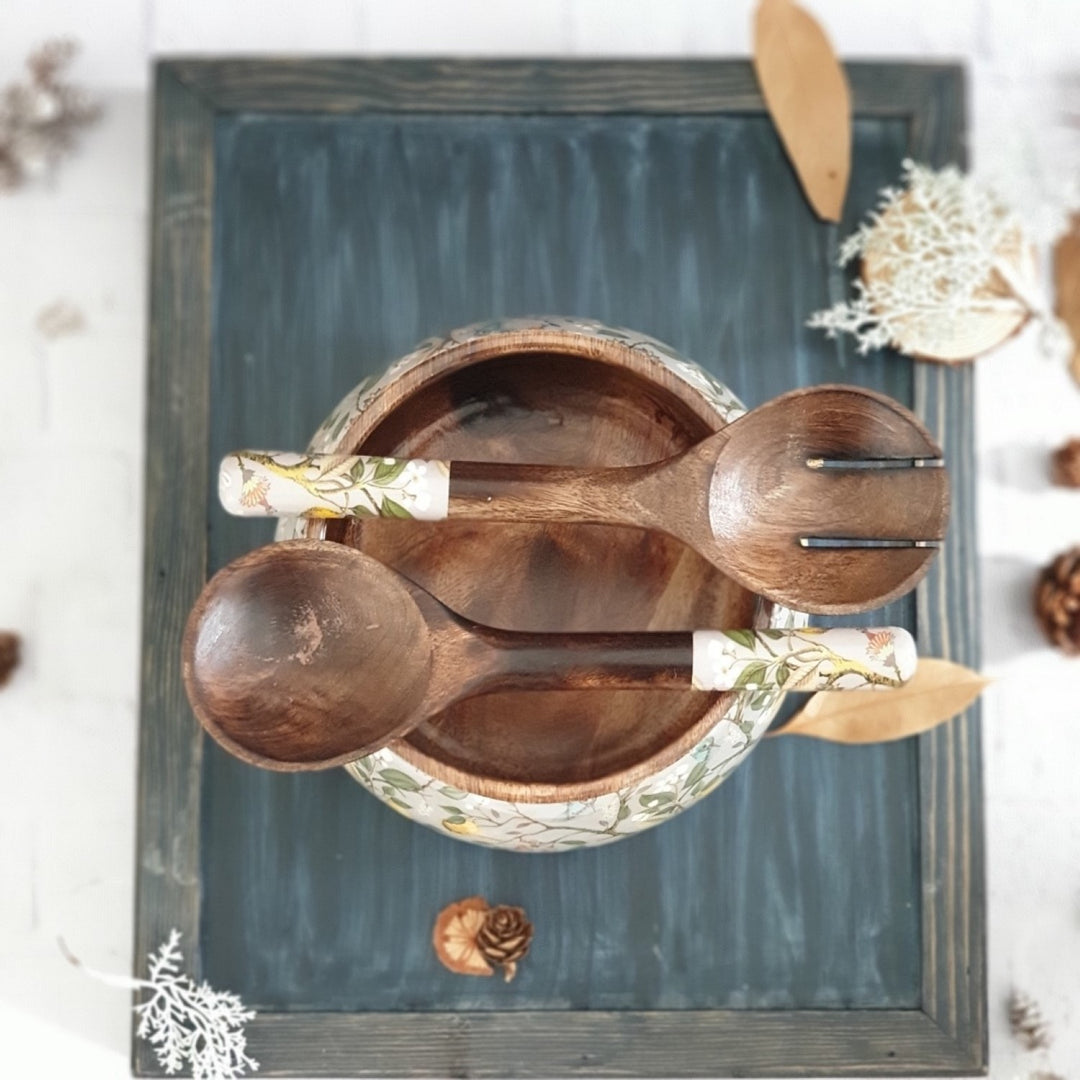 Humming Bird Salad Bowl Combo Set | Mango Wood | Medium