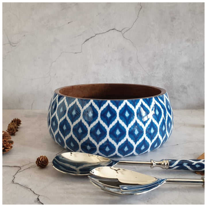 Ikat Print Salad Bowl Combo Set | Mango Wood & Stainless Steel | Blue