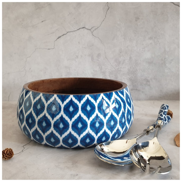 Ikat Print Salad Bowl Combo Set | Mango Wood & Stainless Steel | Blue