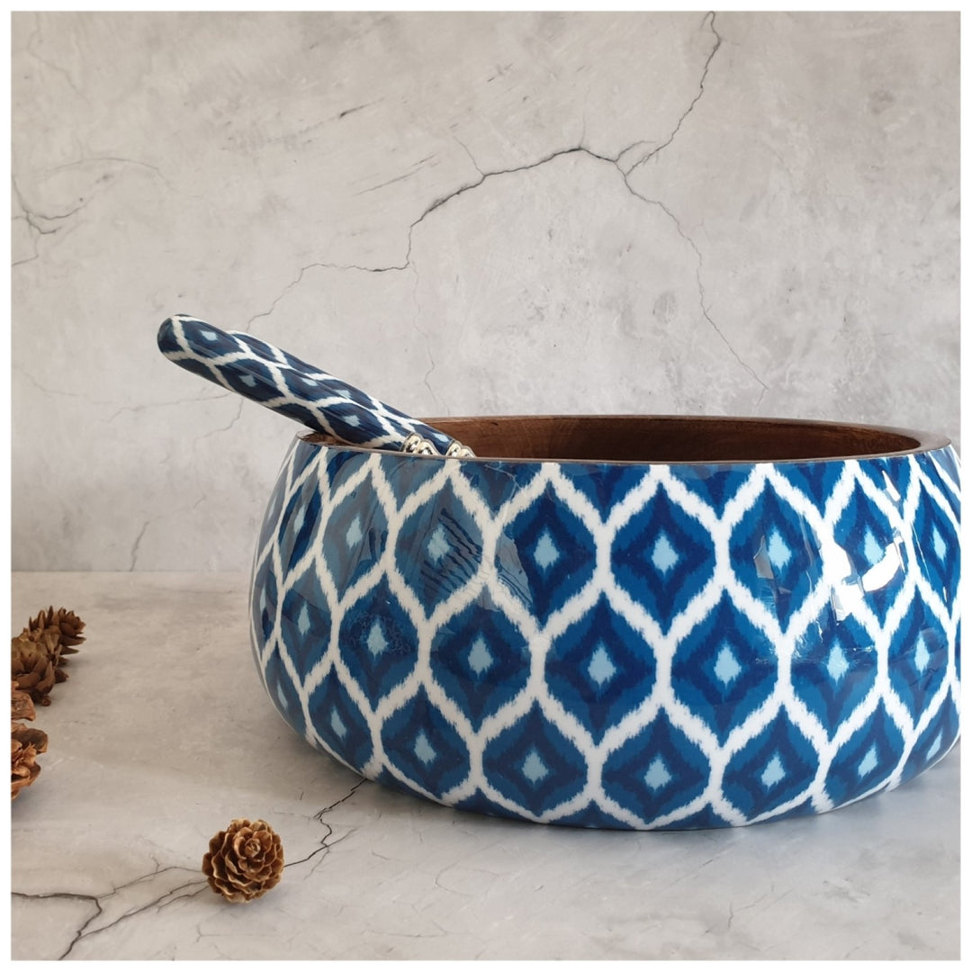 Ikat Print Salad Bowl Combo Set | Mango Wood & Stainless Steel | Blue