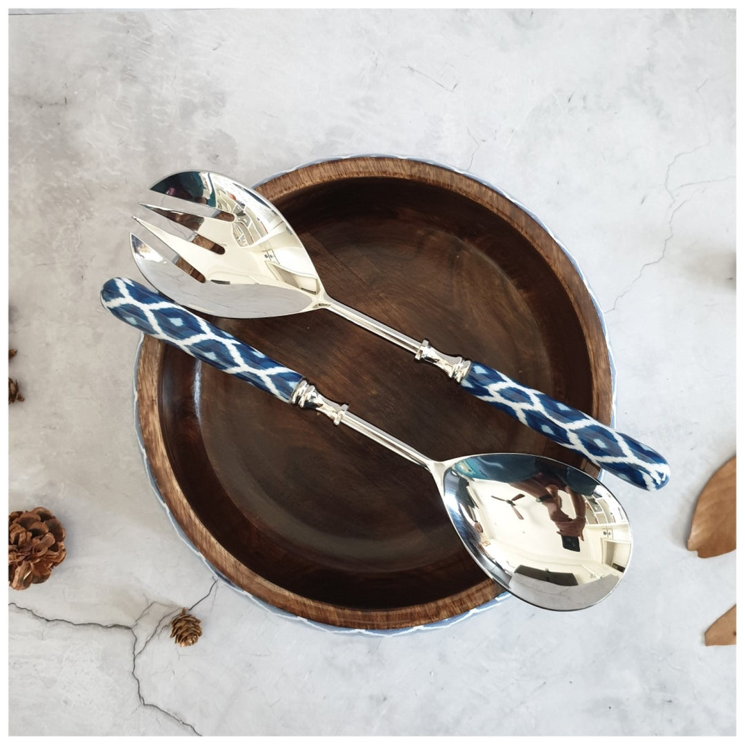 Ikat Print Salad Bowl Combo Set | Mango Wood & Stainless Steel | Blue