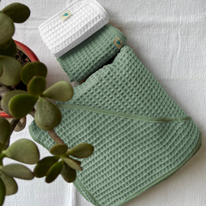 Sage Green Waffle Hooded Towel For Kids | Cotton | Set of 3