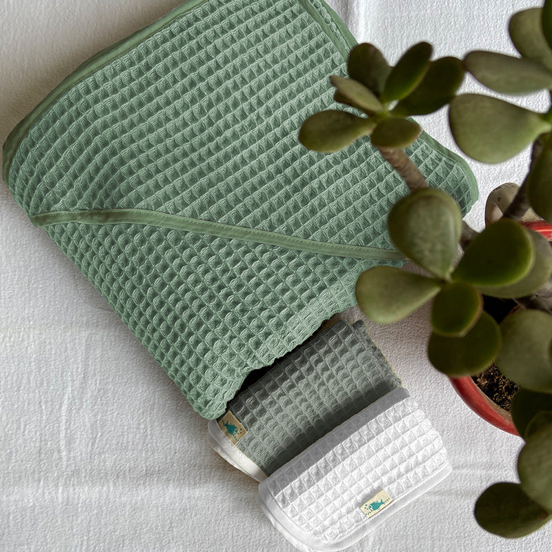 Sage Green Waffle Hooded Towel For Kids | Cotton | Set of 3