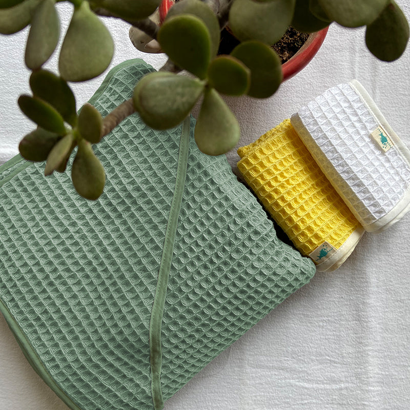 Sage Green Waffle Hooded Towel For Kids | Cotton | Set of 3