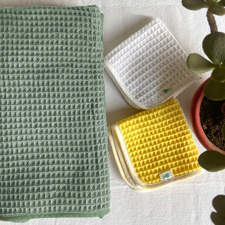 Sage Green Waffle Weave Bath Towel For Kids | Cotton | Set of 3