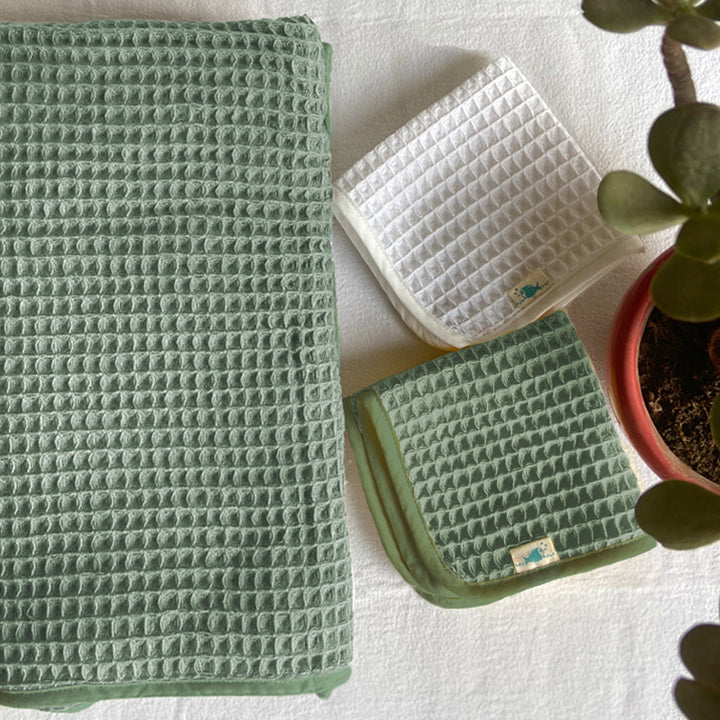 Sage Green Waffle Weave Bath Towel For Kids | Cotton | Set of 3