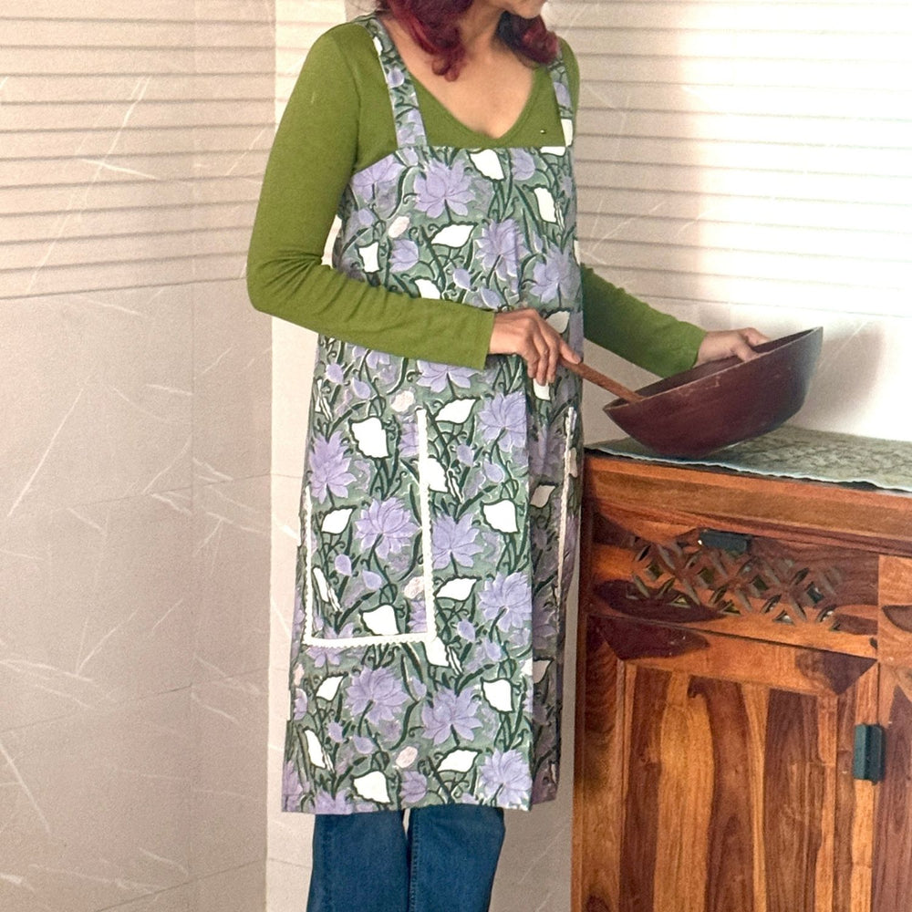 Sage & Purple Sanganeri Hand Block Printed Apron with Side Pockets