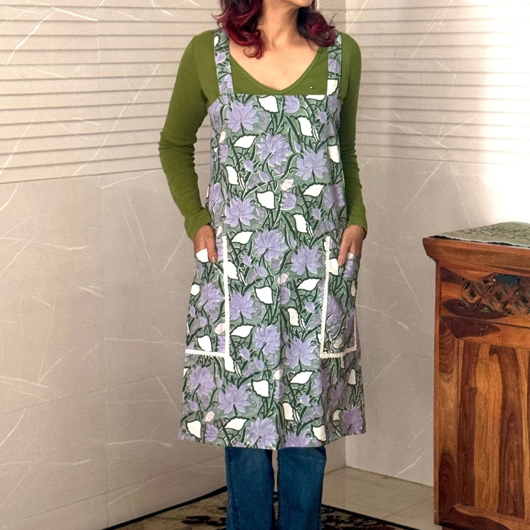 Sage & Purple Sanganeri Hand Block Printed Apron with Side Pockets