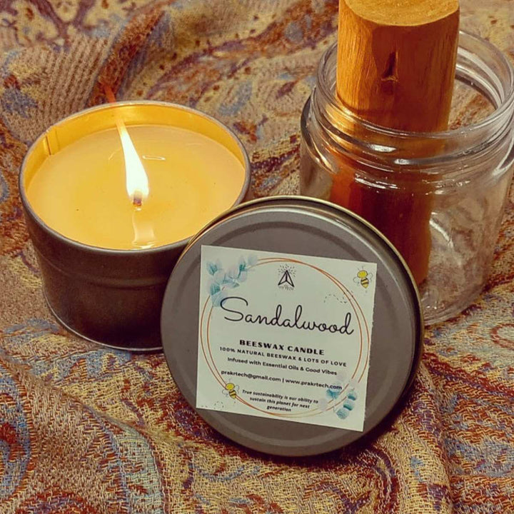 Sandalwood Beeswax Candle In Tin Jar | Smoke-Free | Aromatic | Sandalwood