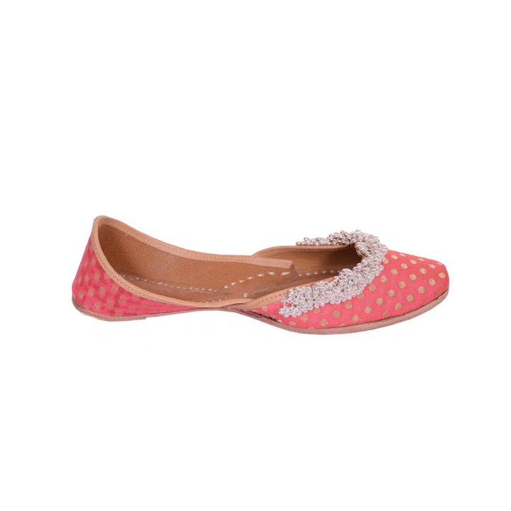 Sea Pink Dot Printed Silk Jutti | Ghungroo Stud | Cushion for Comfy Wear