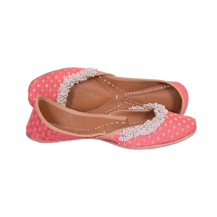 Sea Pink Dot Printed Silk Jutti | Ghungroo Stud | Cushion for Comfy Wear