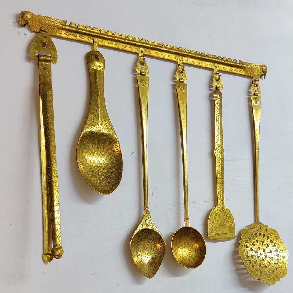 Set of 6 Hand Carved Ladles With Hanger | Brass Utensils | Kitchen Decor 