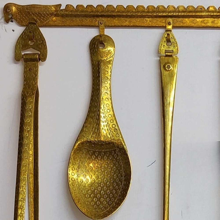 Set of 6 Hand Carved Ladles With Hanger | Brass Utensils | Kitchen Decor 