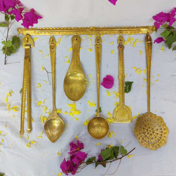 Set of 6 Hand Carved Ladles With Hanger | Brass Utensils | Kitchen Decor 