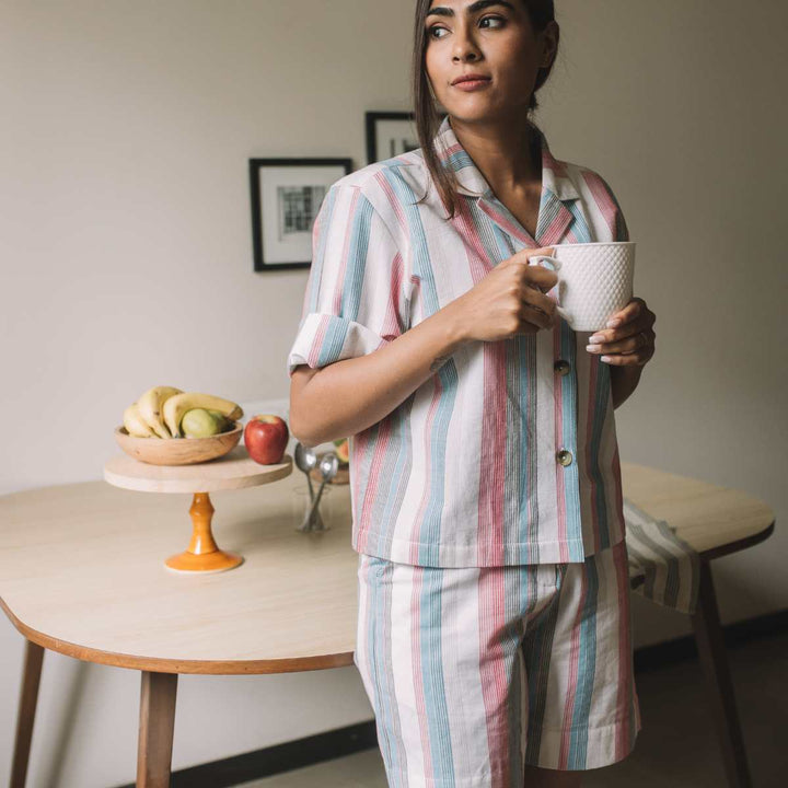 Holiday Women Co-ord Set | Stripes | Half Shirt W/ Shorts | Handwoven Cotton