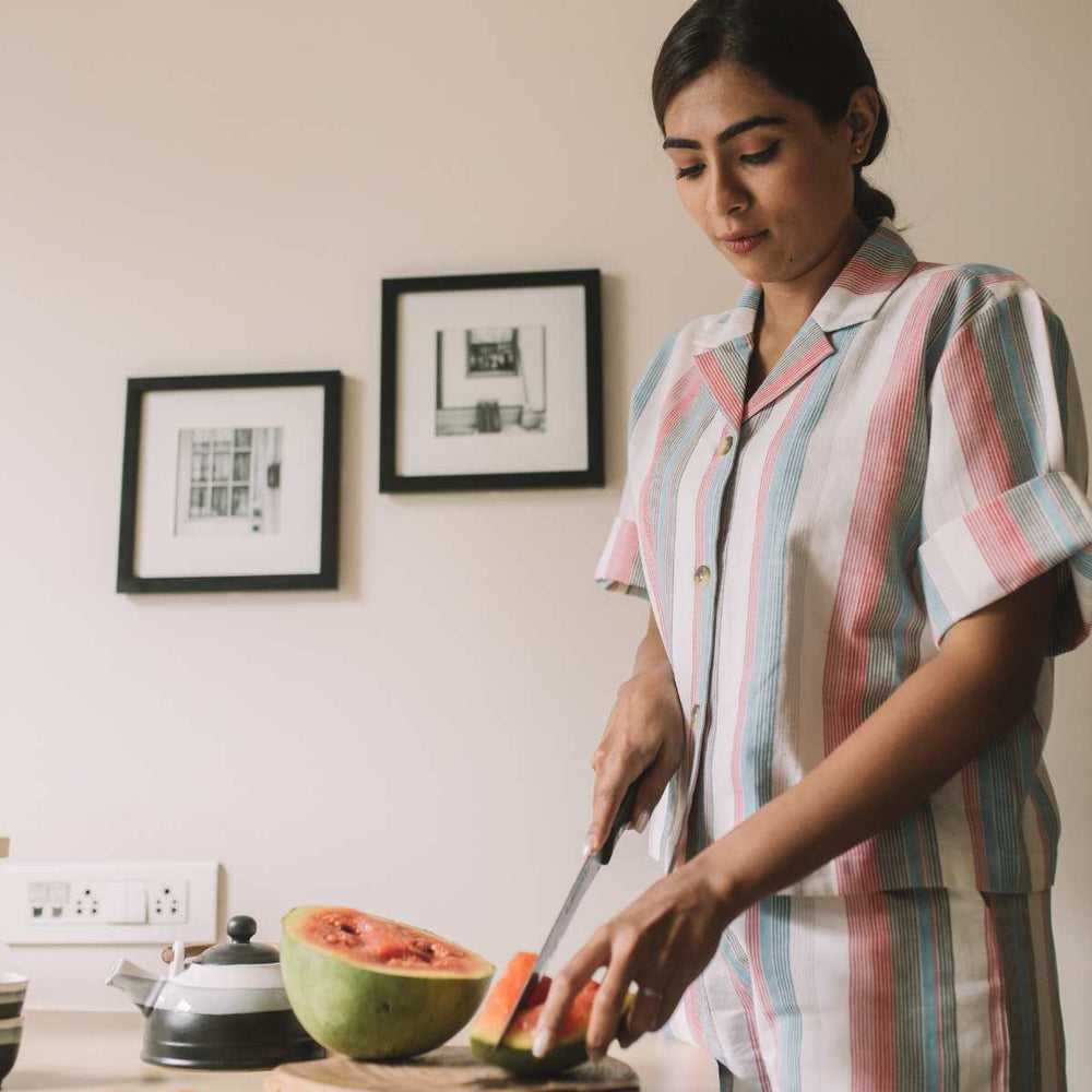 Holiday Women Co-ord Set | Stripes | Half Shirt W/ Shorts | Handwoven Cotton