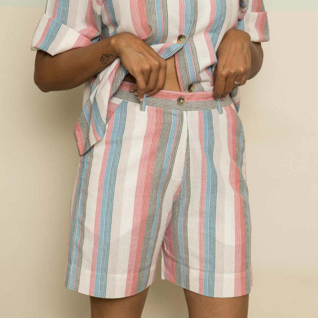 Holiday Women Co-ord Set | Stripes | Half Shirt W/ Shorts | Handwoven Cotton