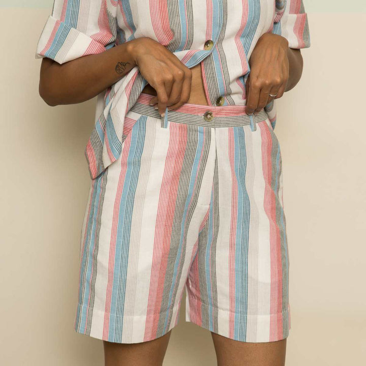 Holiday Women Co-ord Set | Stripes | Half Shirt W/ Shorts | Handwoven Cotton