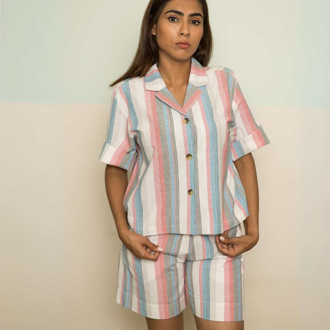 Holiday Women Co-ord Set | Stripes | Half Shirt W/ Shorts | Handwoven Cotton