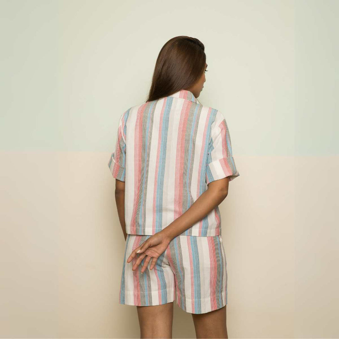 Holiday Women Co-ord Set | Stripes | Half Shirt W/ Shorts | Handwoven Cotton