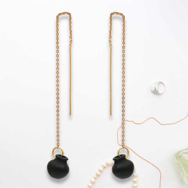 Sikahar Chain Earring | Gold Plated Brass and Black Pottery Crafted | Unisex