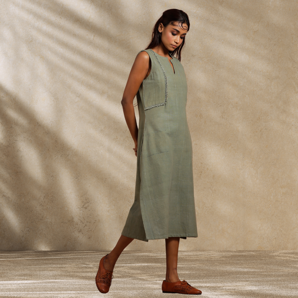 Sleeveless Olive Green Dress | Meticulously Knotted Lace | Contemporar MijhoIndia Sleeveless Olive Green Dress | Meticulously Knotted Lace | Contemporar MijhoIndia