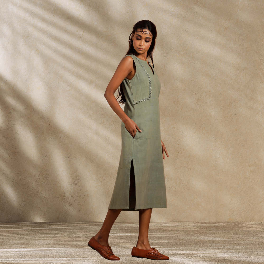 Sleeveless Olive Green Dress | Meticulously Knotted Lace | Contemporar MijhoIndia Sleeveless Olive Green Dress | Meticulously Knotted Lace | Contemporar MijhoIndia