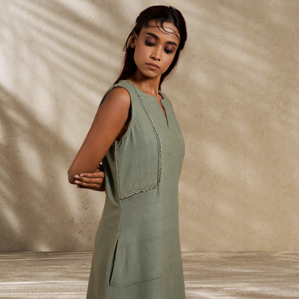 Sleeveless Olive Green Dress | Meticulously Knotted Lace | Contemporar MijhoIndia Sleeveless Olive Green Dress | Meticulously Knotted Lace | Contemporar MijhoIndia