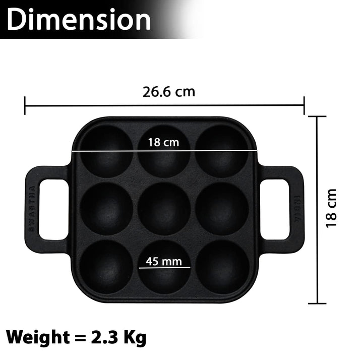 Appe Pan/Paddu/Paniyaram Tawa | Cast Iron | Ready to Use | Toxin Free | Small -9 Pits