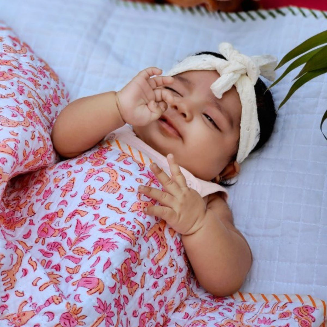 Soft Muslin Blanket For Infants | Pink And Peach | Flora & Fauna Hand Block Print