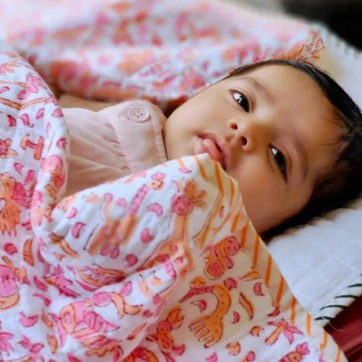 Soft Muslin Blanket For Infants | Pink And Peach | Flora & Fauna Hand Block Print